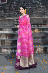 Rangakt Pure Kora Organza Banarasi Handloom Silk Saree With Contrast Palla In Wine